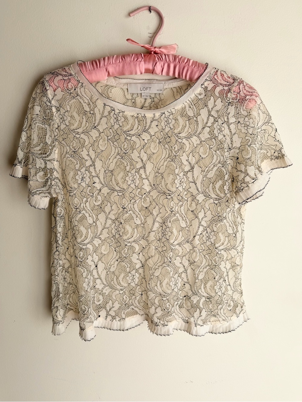 LOFT Cream & Black Floral Lace Blouse, Size MP